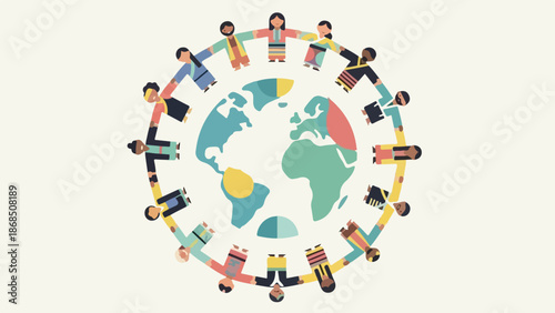 Diverse People Holding Hands Around Earth Globe Illustration