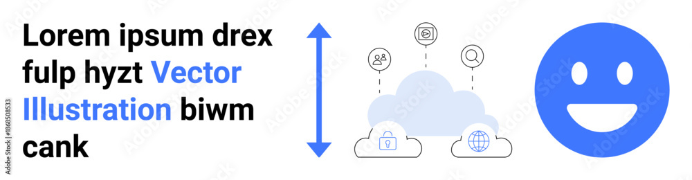 Obraz premium Cloud computing, digital interaction, data exchange, network security, online communication, storage solutions. Visual of a cloud with connected nodes and a smiling face. Cloud computing and digital