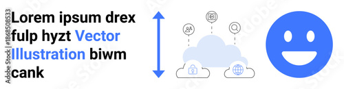 Cloud computing, digital interaction, data exchange, network security, online communication, storage solutions. Visual of a cloud with connected nodes and a smiling face. Cloud computing and digital