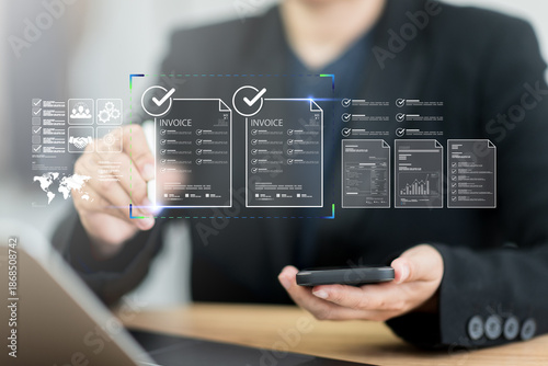 Accountant inspecting digital invoice form regarding online business money payment management system utilizing enterprise company finance cost account technology pay