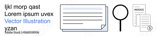 Data analysis, auditing, finance, accounting, report verification, document management. Magnifying glass, paper document and financial invoice ion. Data analysis and auditing focus