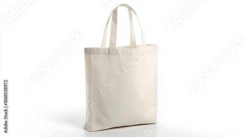 Eco-friendly shopping bag, plain canvas tote bag standing upright on white background.