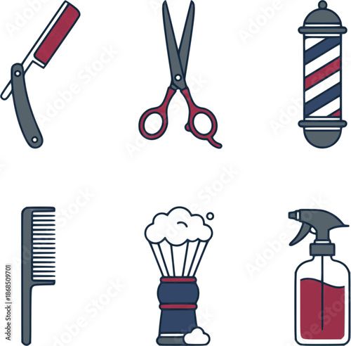 Professional barber shop and grooming icons. Flat vector set featuring straight razors, scissors, and barber poles. High-quality red and blue graphics isolated on white.