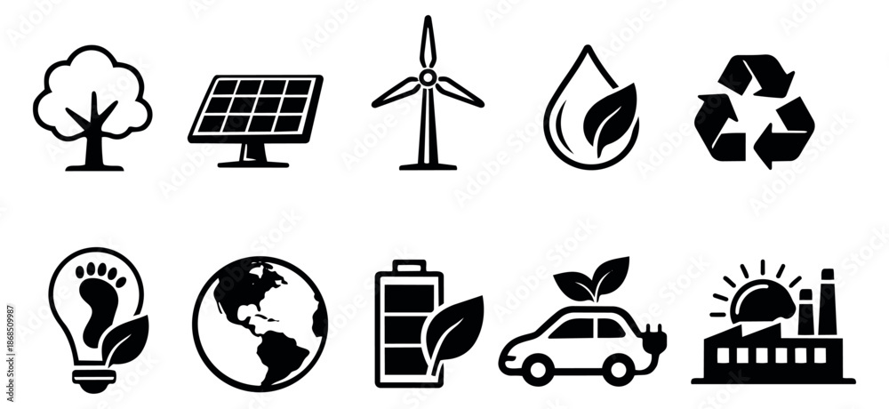 Obraz premium Modern glyph environmental set featuring renewable energy sources and green technology symbols for sustainability