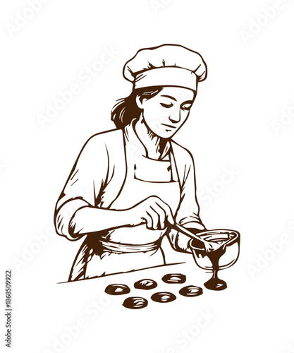Female pastry chef decorating chocolate confectionery illustration