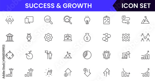 Success and growth icons illustrating achievement, progress, goals, upward trends, motivation, milestones, performance, strategy, and development.