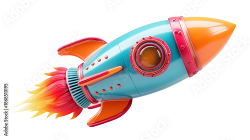 3D cartoon rocket with colorful flames and smooth surfaces, isolated on a Transparent background, PNG file.