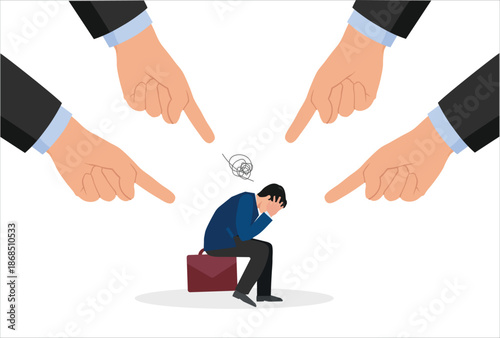 Toxic work, abuse or bullying colleagues, bad culture make exhausted depressed employee, fear of failure and responsibility, giant boss hands pointing and blaming at depressed businessman employee.