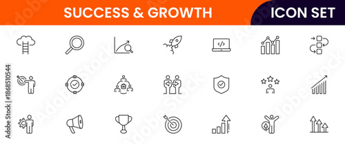 Success and growth icons illustrating achievement, progress, goals, upward trends, motivation, milestones, performance, strategy, and development.