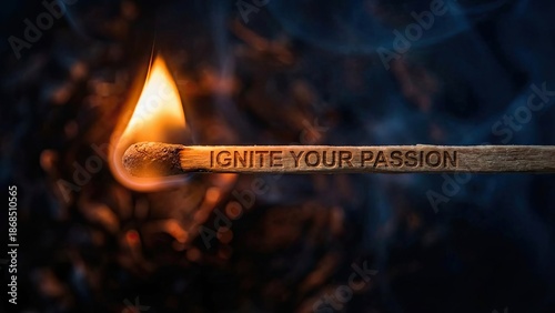 A wooden matchstick with the words Ignite Your Passion engraved, burning with a bright flame against a dark, fiery background, symbolizing inspiration and drive.