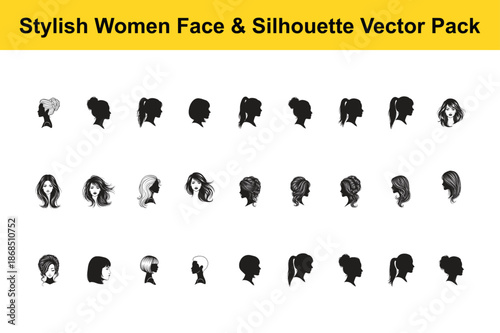 Large vector pack of stylish women's faces and silhouette profile icons woman female