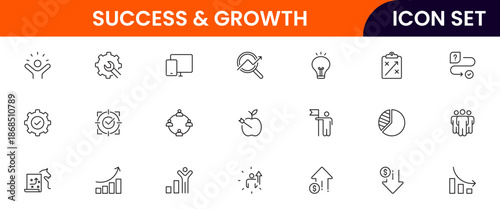 Success and growth icons illustrating achievement, progress, goals, upward trends, motivation, milestones, performance, strategy, and development.