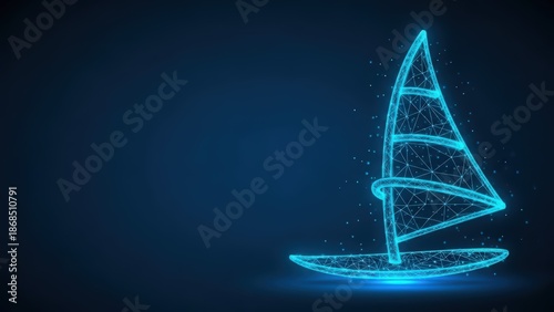 Digital wireframe windsurf silhouette glowing with electric blue lines on a dark background