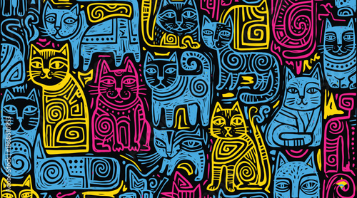 Linocut Cats Seamless Pattern in Abstract Pink Blue and Yellow Art Style
