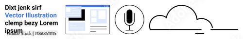 Technology, voice command, cloud storage, user interface design, digital services, communication systems. A webpage layout, microphone icon and cloud graphic. Cloud storage and voice command concept