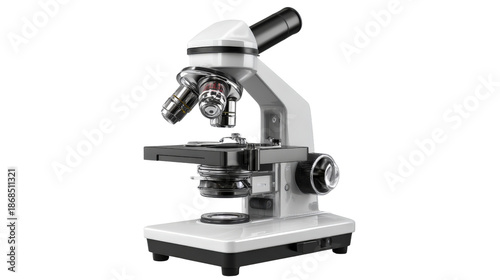3d microscope background with focus on eyepiece and base isolated on a Transparent background, PNG file.