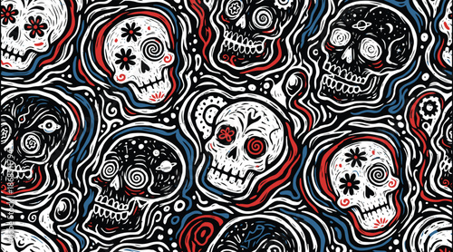Psychedelic Sugar Skulls Seamless Pattern: Day of the Dead Vector Art