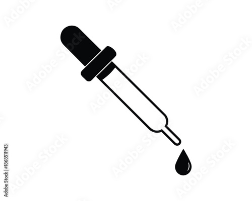 Black outline dropper with a single drop of liquid on white background pipette science