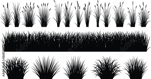 Grass silhouette set, decorative plant illustrations, wild grass clumps, garden foliage graphics, natural meadow elements, landscape vegetation design resources