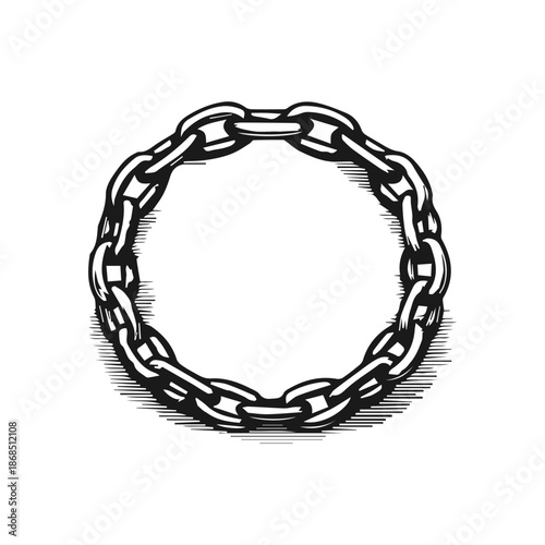 Chain links forming circular border in woodcut style