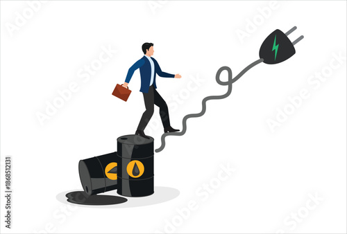 World transition from fossil oil energy to clean electric power, combustion car to EV concept, businessman investor or car owner step from oil gallon to stair case made of electric charger.