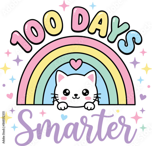 100 Days Smarter Cute Cat Illustration with Rainbow and Pastel Typography.