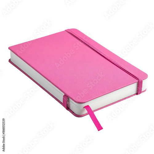 Pink Leather Notebook with Elastic Band and Bookmark Ribbon Isolated on tranpsparent Background