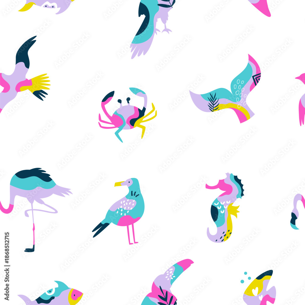 Obraz premium Seamless Pattern of Tropical Sea Life with Vibrant Pop Art Colors on White Background