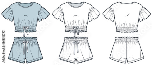 Women Two Piece Lounge Set Technical Fashion Illustration. Crop Top and Shorts fashion flat technical drawing template, front and back view, white, blue, women, men, unisex CAD mockup set.