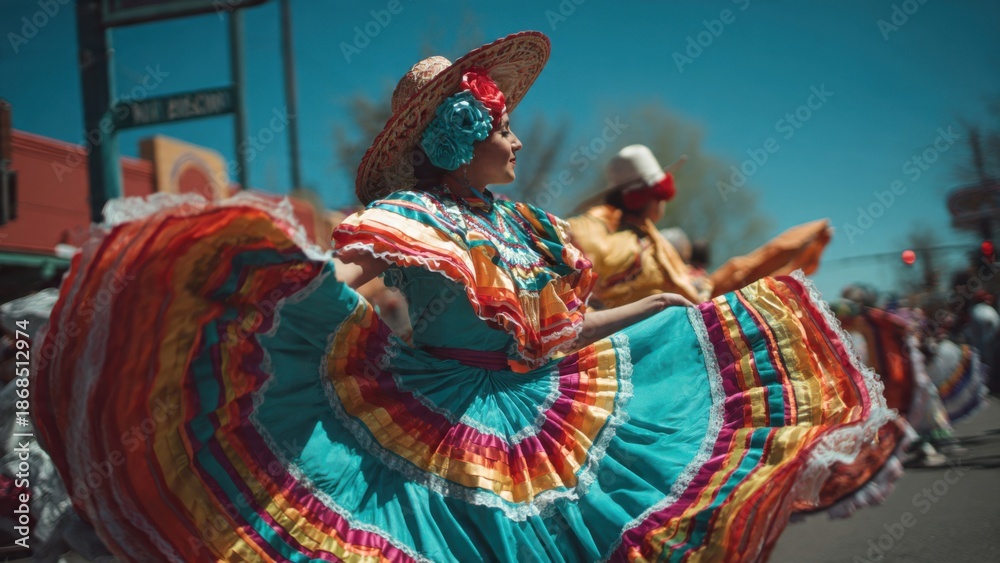 Fototapeta premium Vibrant Mexican Folkloric Dancer in Traditional Costume Celebrating Culture at Outdoor Fiesta Parade with Colorful Skirt and Hat
