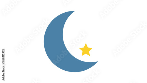 Minimalist flat icon showing a blue crescent moon and a yellow star isolated on white, concept for religious symbols, children’s nursery designs and sleep tracking apps