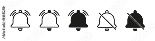 notification bell icons set showing active, ringing, filled, and muted states or options for modern UI and app interfaces.