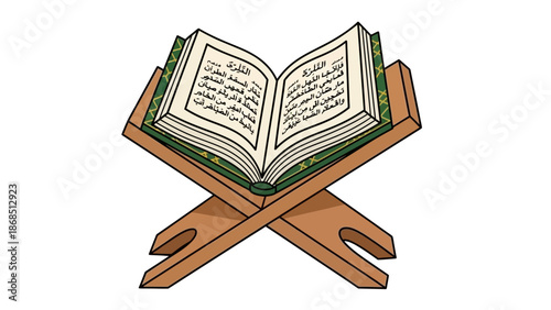 Open Islamic holy book Quran resting on a wooden rehal book stand, isolated vector illustration, concept for Islamic education, Ramadan celebration and spiritual guidance