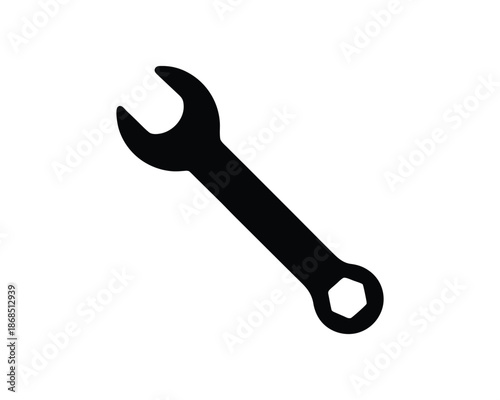 Black silhouette of an open-ended wrench on a white background Keywords: wrench, tool, spanner, hardware, equipment, mechanical, engineering