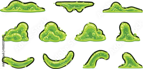 Green slime shapes collection, glossy goo splashes and dripping liquid blobs, cartoon slime elements, sticky gooey textures for design projects