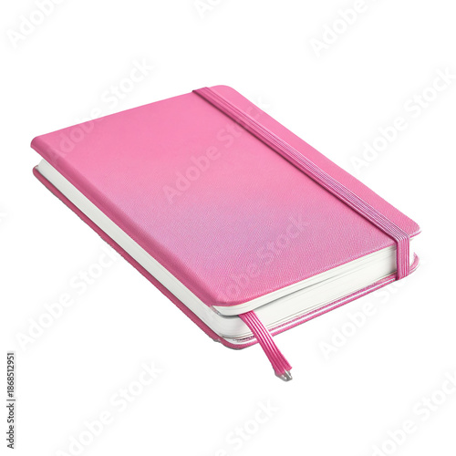 Pink Leather Notebook with Elastic Band and Bookmark Ribbon Isolated on tranpsparent Background