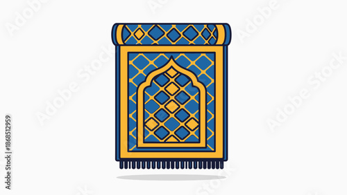 A flat cartoon vector illustration of a rolled traditional blue and yellow Islamic prayer rug on a white background, concept for Ramadan designs, Eid celebrations and Islamic applications