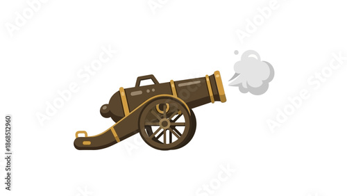Stylized flat vector illustration of a dark brown vintage cannon firing smoke against a white background, concept for history presentations, military design and festive celebrations