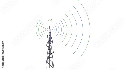 5G Cellular Tower with Wireless Signal Waves.