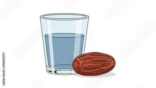 Cartoon illustration of water in a glass and a single dried date fruit on white, concept for diet planning, religious celebration and healthy eating