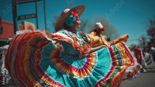 Vibrant Mexican Folkloric Dancer in Traditional Costume Celebrating Culture at Outdoor Fiesta Parade with Colorful Skirt and Hat