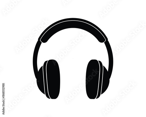 Black Silhouette of Modern Headphones on White Background audio music