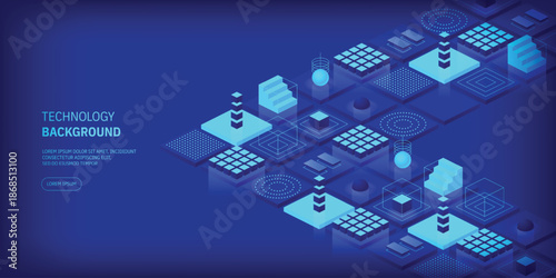 Blue Geometric Cubes Forming Abstract Isometric Pattern.