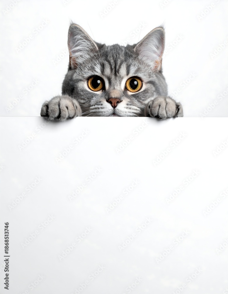 Fototapeta premium A close-up studio shot of a fluffy gray tabby cat peeking over a blank white surface, featuring bright orange eyes