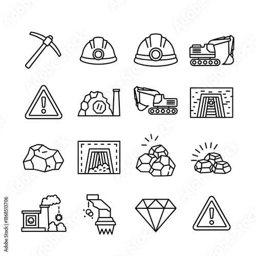 Diverse linear icon set showcasing mining industry operations, equipment, geological resources, and processing elements