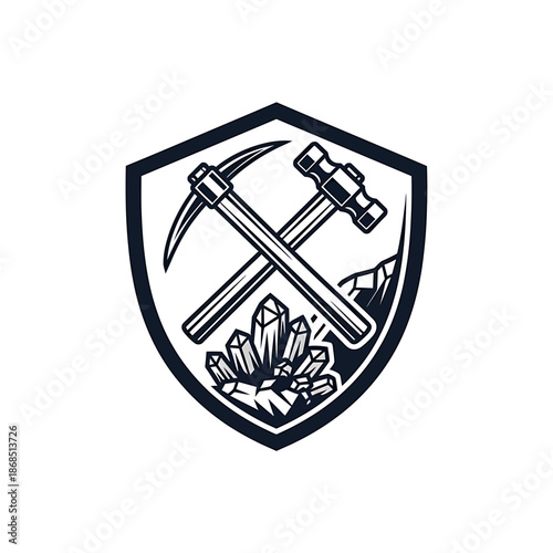 Mining emblem with crossed pickaxe and hammer over crystals and rocky terrain