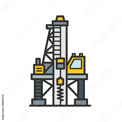 Stylized vector illustration of an oil drilling rig, an industrial structure crucial for energy production, fossil fuel extraction, and resource exploration