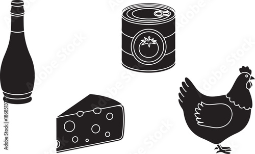 Black silhouette of chicken cheese bottle and canned food