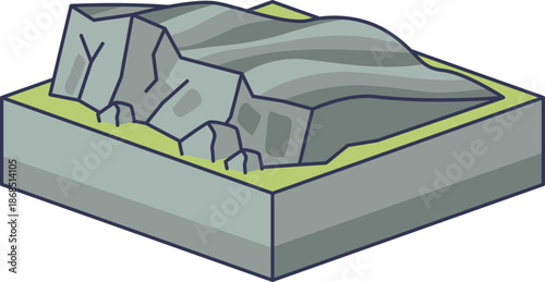 Isometric diagram of a Roche Moutonnée, a glacial landform. It shows a smooth stoss side and jagged lee side, illustrating rock abrasion and plucking caused by moving ice sheets.