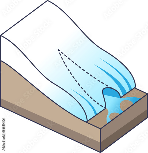Isometric diagram of a subglacial tunnel showing meltwater flow at the glacier base. It illustrates glacial hydrology, ice-bedrock interaction, and subglacial drainage systems.